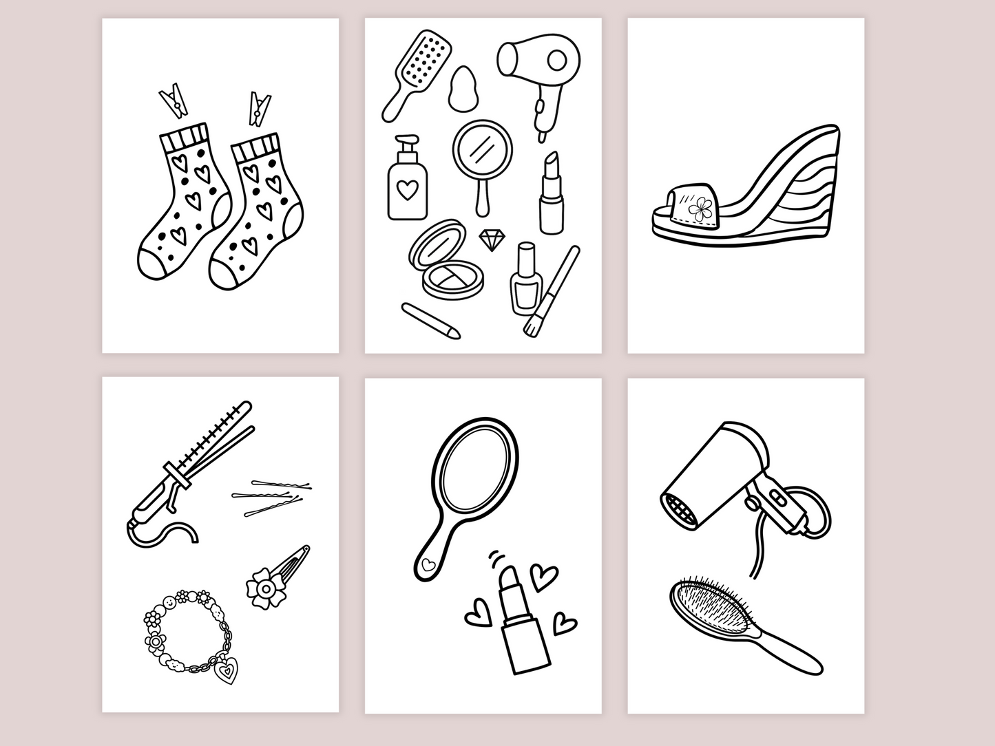 Makkelijk in te kleuren beauty kleurplaten, 35x make-up, fashion & haar easy to color | Printbare A4 kleurplaten (PDF + PNG)