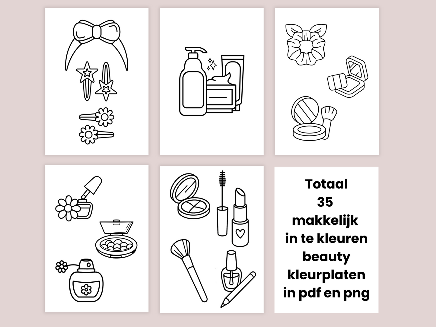 Makkelijk in te kleuren beauty kleurplaten, 35x make-up, fashion & haar easy to color | Printbare A4 kleurplaten (PDF + PNG)