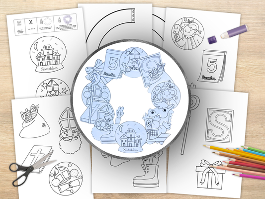 Printable Sinterklaas Krans Knutselset, DIY Sint & Piet set om in te kleuren, knippen & ophangen, Sinterklaas decoratie voor kinderen & gezin