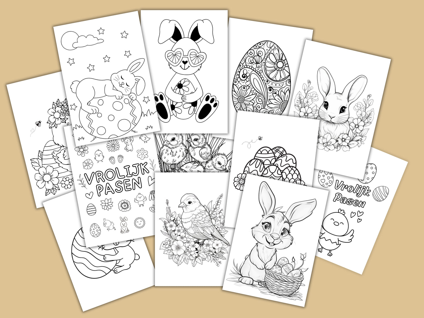 50 Printbare Kleurplaten met Pasen Thema | Voor Kinderen en Volwassenen - Paaseieren, Paashaas, Bloemen en Meer in A4 PDF