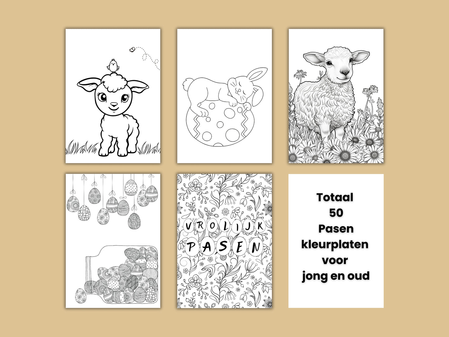50 Printbare Kleurplaten met Pasen Thema | Voor Kinderen en Volwassenen - Paaseieren, Paashaas, Bloemen en Meer in A4 PDF