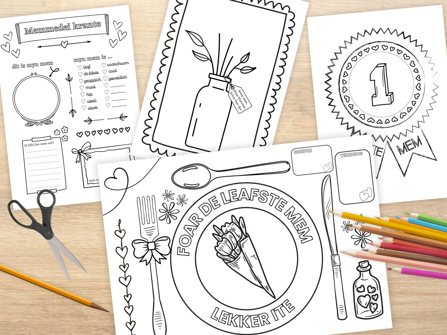 Moederdag Printable Knutselpakket – A3 en A4 formaat: Krant, Medaille, Placemat & teken je eigen bloemen kleurplaat, pdf en png – Friese versie, Fryske ferzje