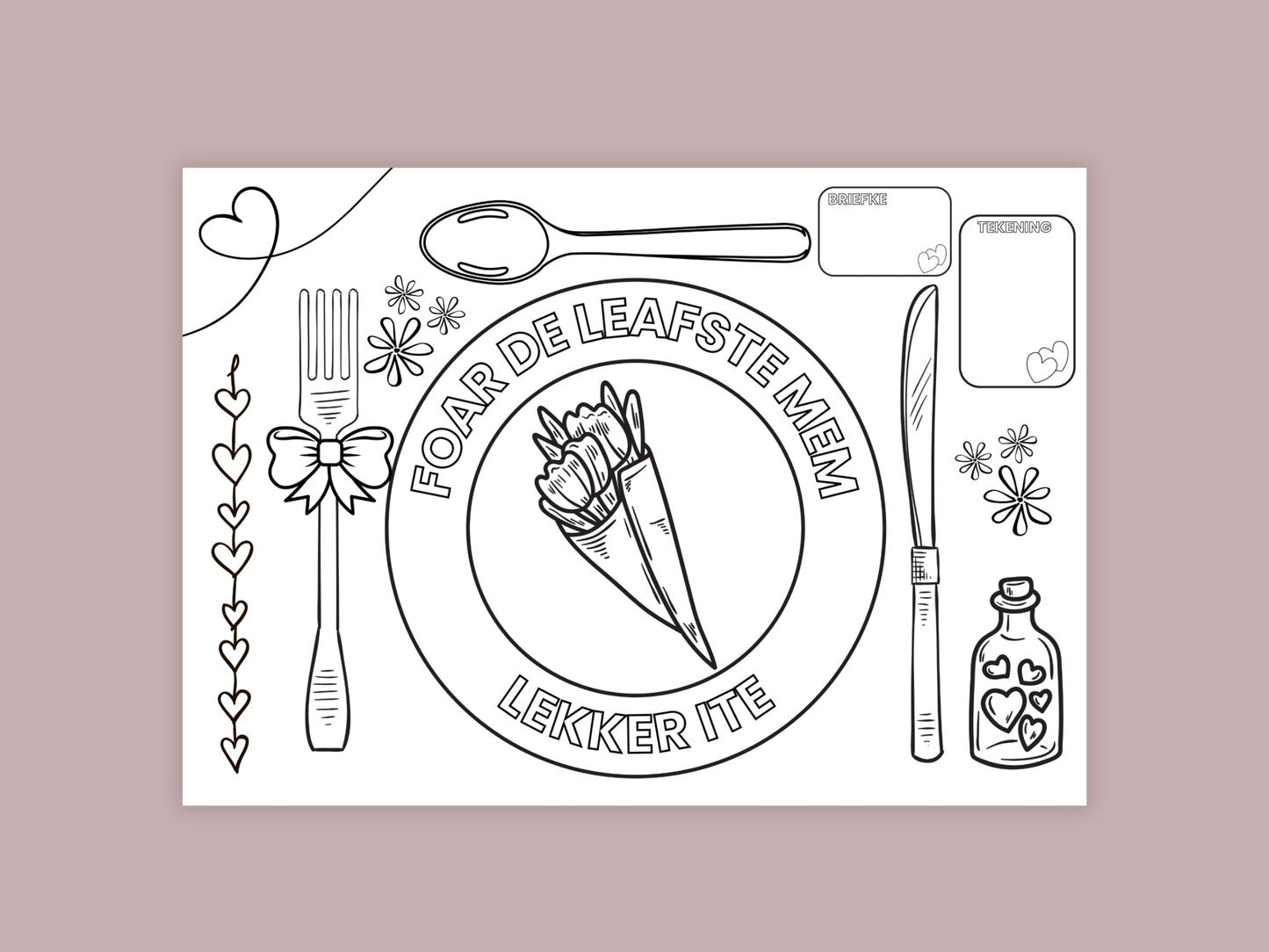 Moederdag Printable Knutselpakket – A3 en A4 formaat: Krant, Medaille, Placemat & teken je eigen bloemen kleurplaat, pdf en png – Friese versie, Fryske ferzje
