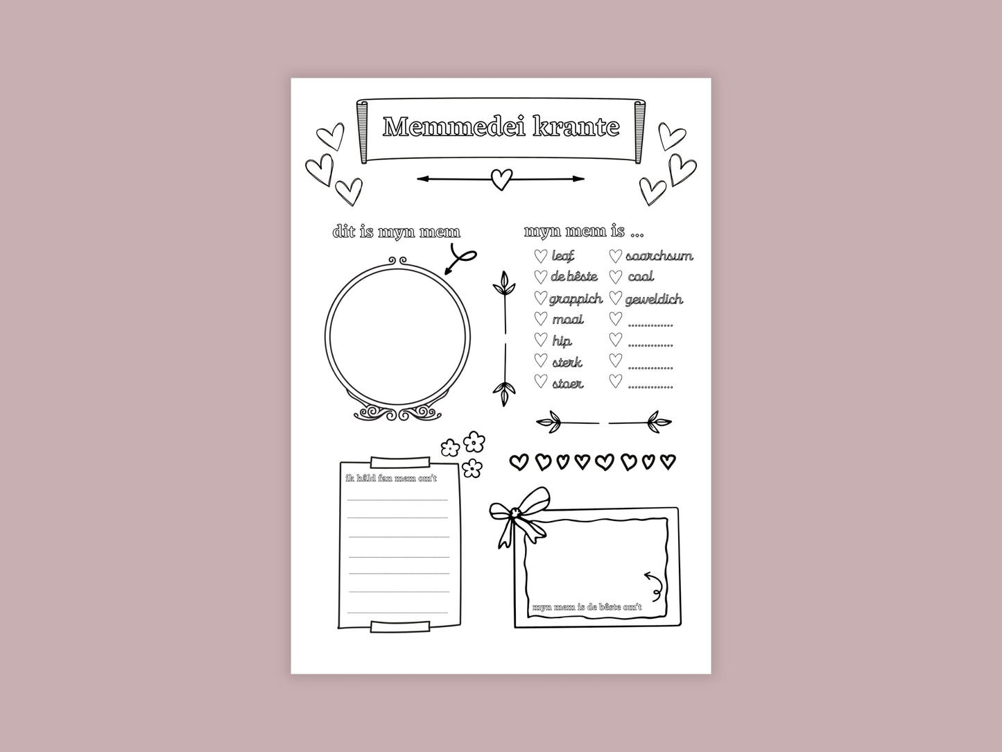 Moederdag Printable Knutselpakket – A3 en A4 formaat: Krant, Medaille, Placemat & teken je eigen bloemen kleurplaat, pdf en png – Friese versie, Fryske ferzje