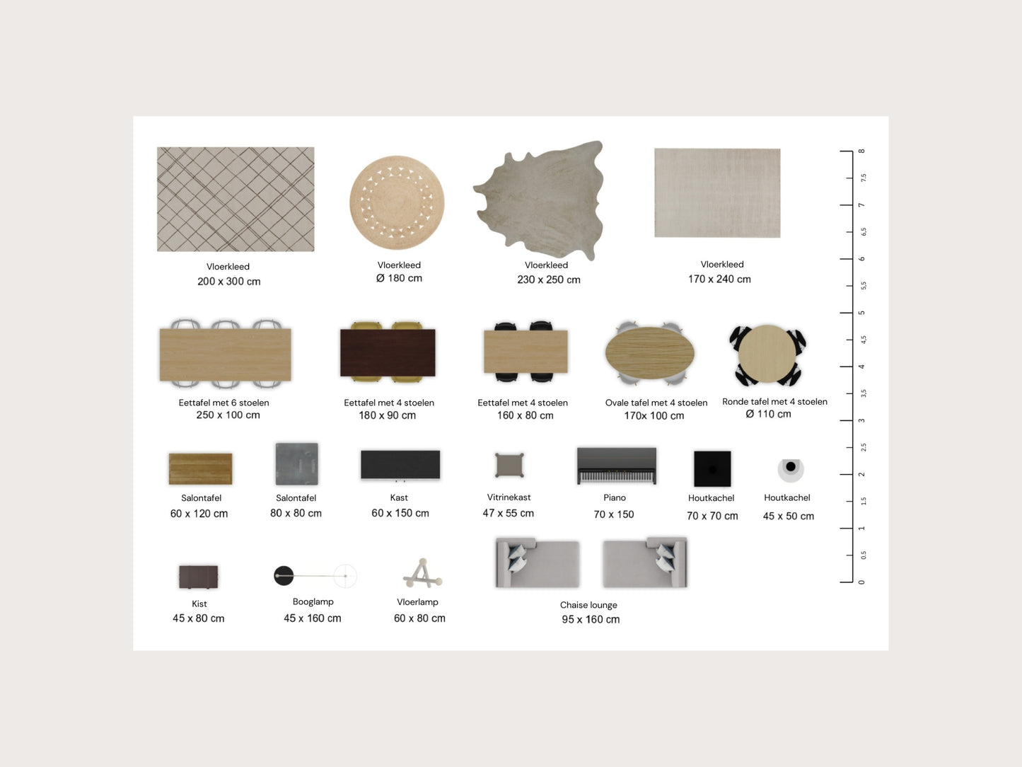Schaalmeubels Topview voor Woonkamer | Neutrale Interieur Stijl op Schaal 1:50 - Printbare A4 PDF Schaalmeubels Bovenaanzicht voor 2D Plattegrond Ontwerpen