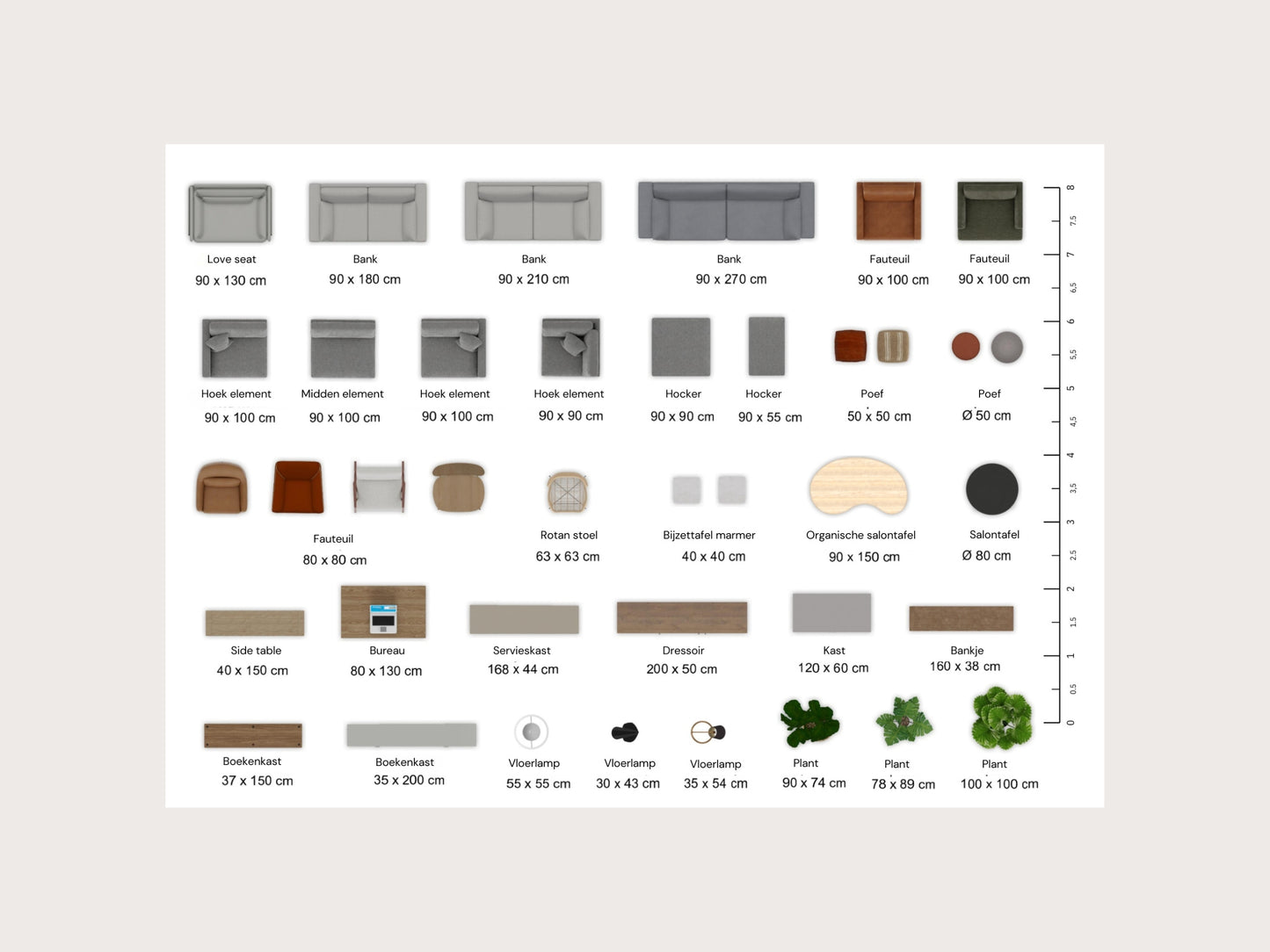 Schaalmeubels Topview voor Woonkamer | Neutrale Interieur Stijl op Schaal 1:50 - Printbare A4 PDF Schaalmeubels Bovenaanzicht voor 2D Plattegrond Ontwerpen