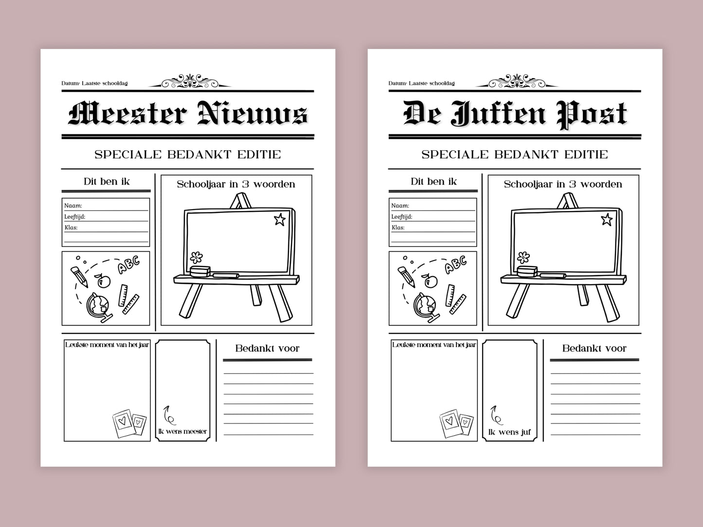 Bedankt juf/meester einde schooljaar printbare set, bedankje leerkracht, invulpagina krant, Kaartjes & Labels, A4, PDF, cool bedankje om te knutselen
