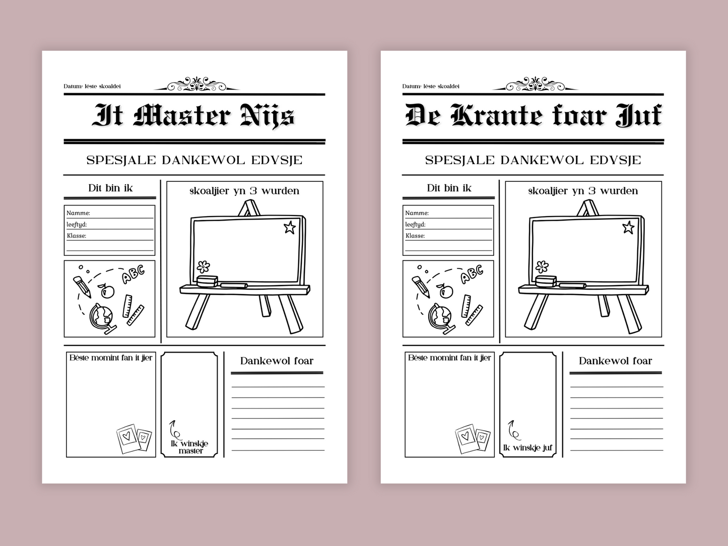 Tige tank juf/meester einde schooljaar printbare set, bedankje leerkracht, invulpagina krant, Kaartjes & Labels, A4, PDF, cool bedankje om te knutselen - Friese Versie