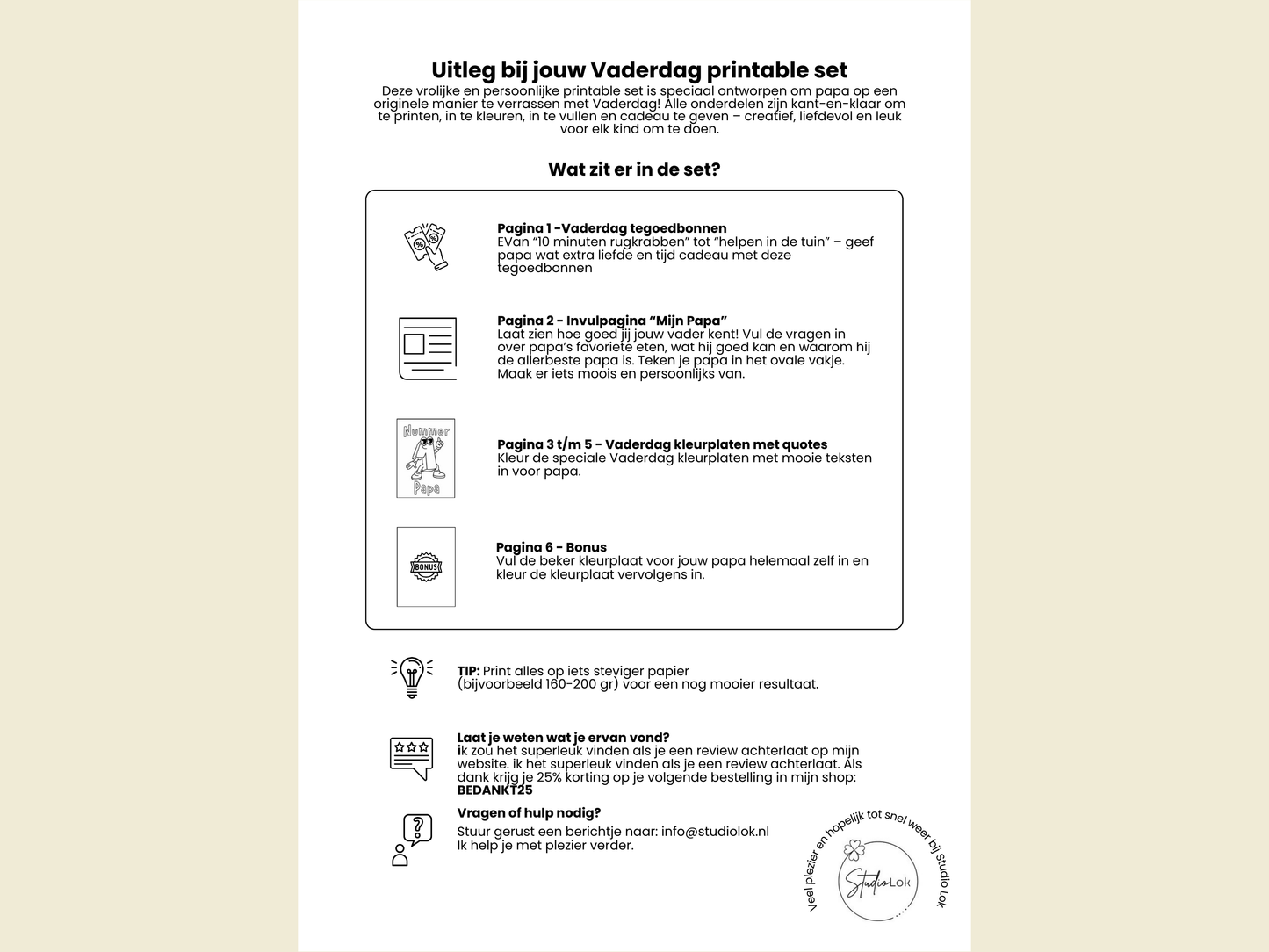Vaderdag Cadeau Printable Set | Tegoedbonnen, Kleurplaten & Invulblad