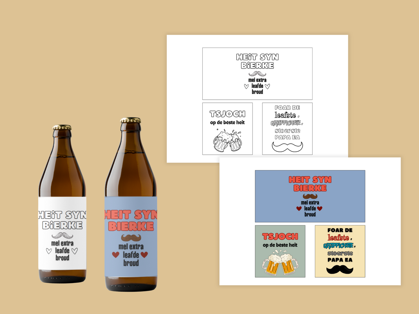 Heitedei Bieretiketten | 6 om te kleuren + 6 yn kleur | Printable kado foar heit | vaderdag Fries