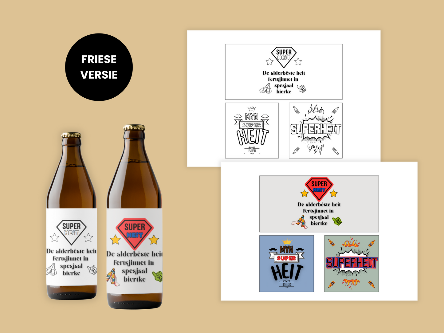 Heitedei Bieretiketten | 6 om te kleuren + 6 yn kleur | Printable kado foar heit | vaderdag Fries