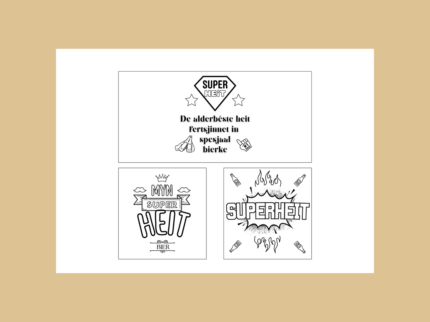 Heitedei Bieretiketten | 6 om te kleuren + 6 yn kleur | Printable kado foar heit | vaderdag Fries