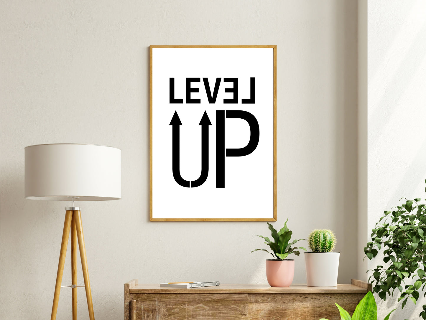 Printbare Level-Up Typografie poster | Minimalistische Zwart-Witte Motivatie poster voor Thuis, Studieplek of Kantoor - Directe Download