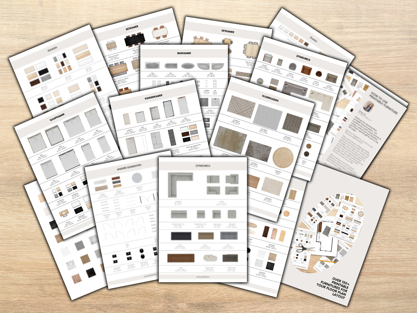 Printbare Schaalmeubel Templates, Schaal 1:50 2D Plattegrond Sjablonen voor Woonkamer, Slaapkamer, Keuken, Badkamer en meer in cm en inch