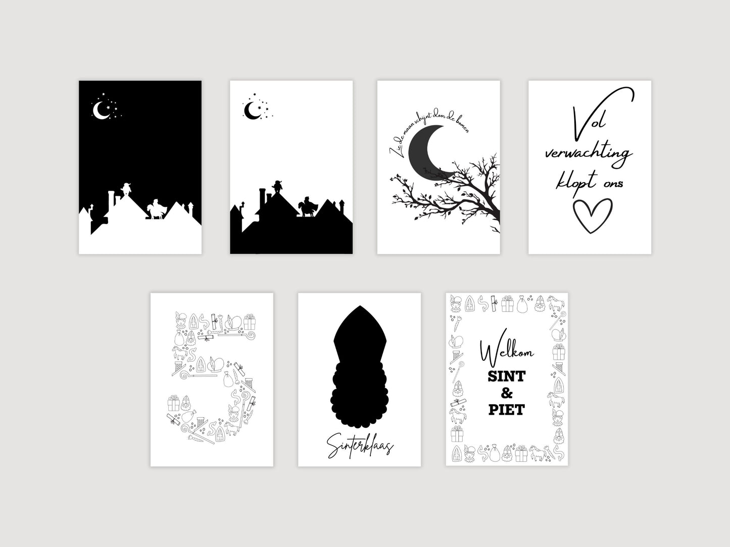 Set van 7 Printbare Sinterklaas Posters | Minimalistische Zwart-Wit Posters voor Ieder Interieur - Monochrome Sinterklaas Decor in Meerdere Formaten
