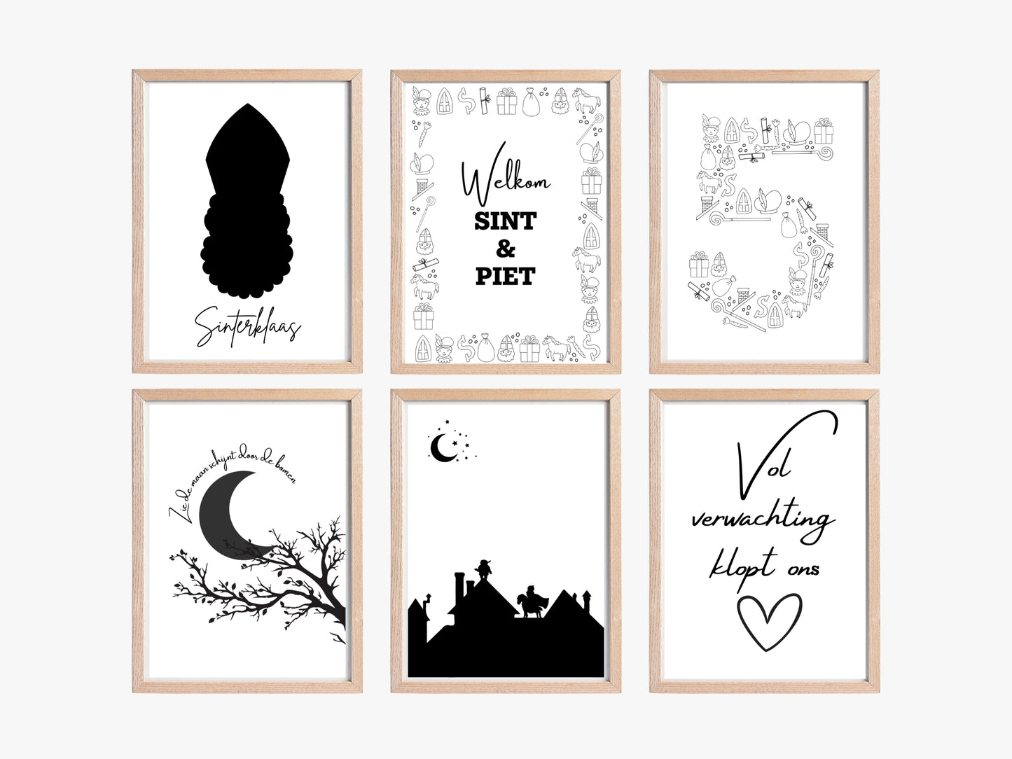 Set van 7 Printbare Sinterklaas Posters | Minimalistische Zwart-Wit Posters voor Ieder Interieur - Monochrome Sinterklaas Decor in Meerdere Formaten