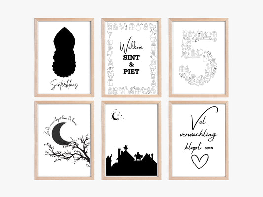 Set van 7 Printbare Sinterklaas Posters | Minimalistische Zwart-Wit Posters voor Ieder Interieur - Monochrome Sinterklaas Decor in Meerdere Formaten