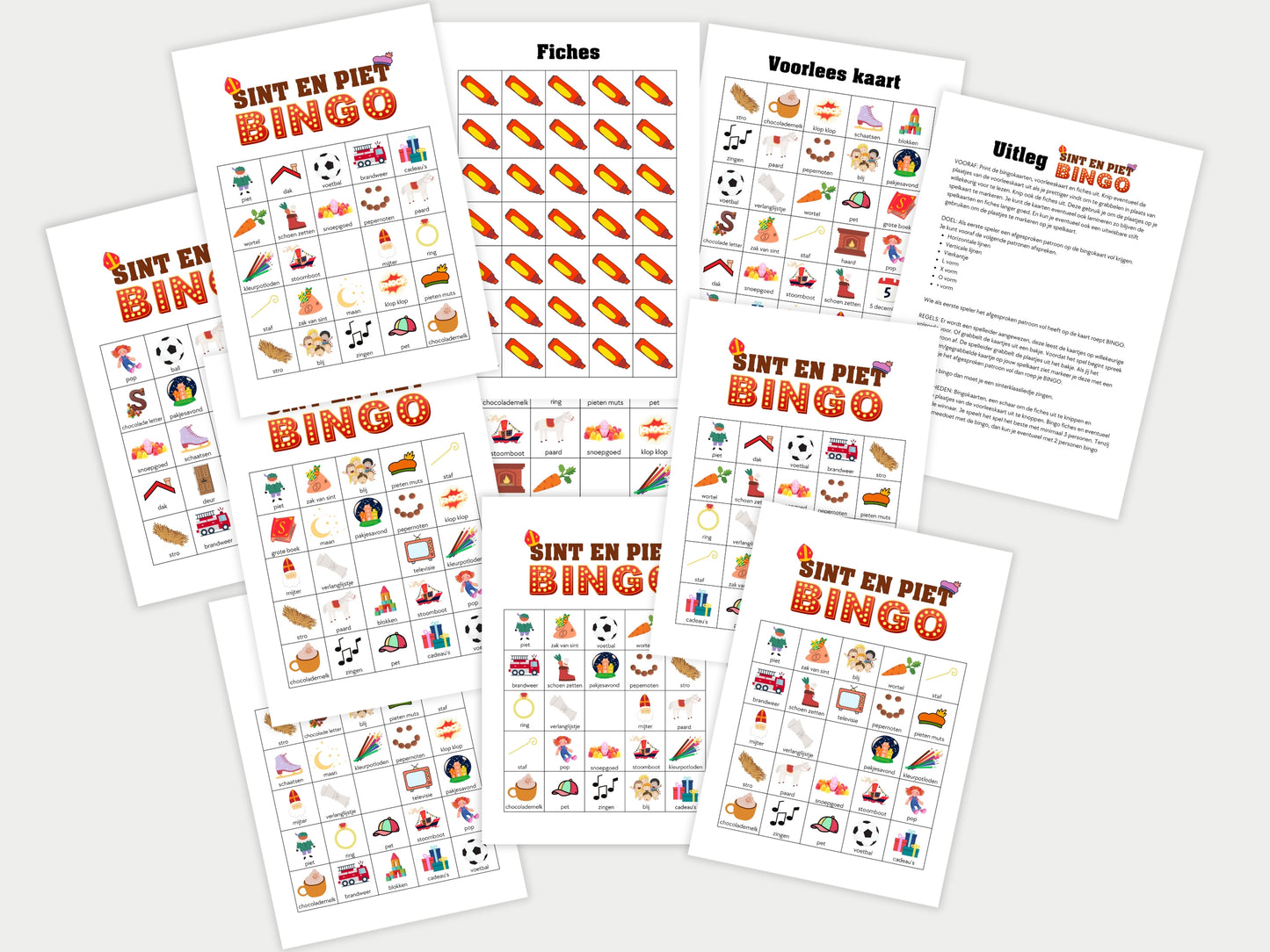 Printbare Sinterklaas Bingo - 25 Unieke Bingo Kaarten met Sint en Piet Afbeeldingen, Fiches & Voorleeskaart