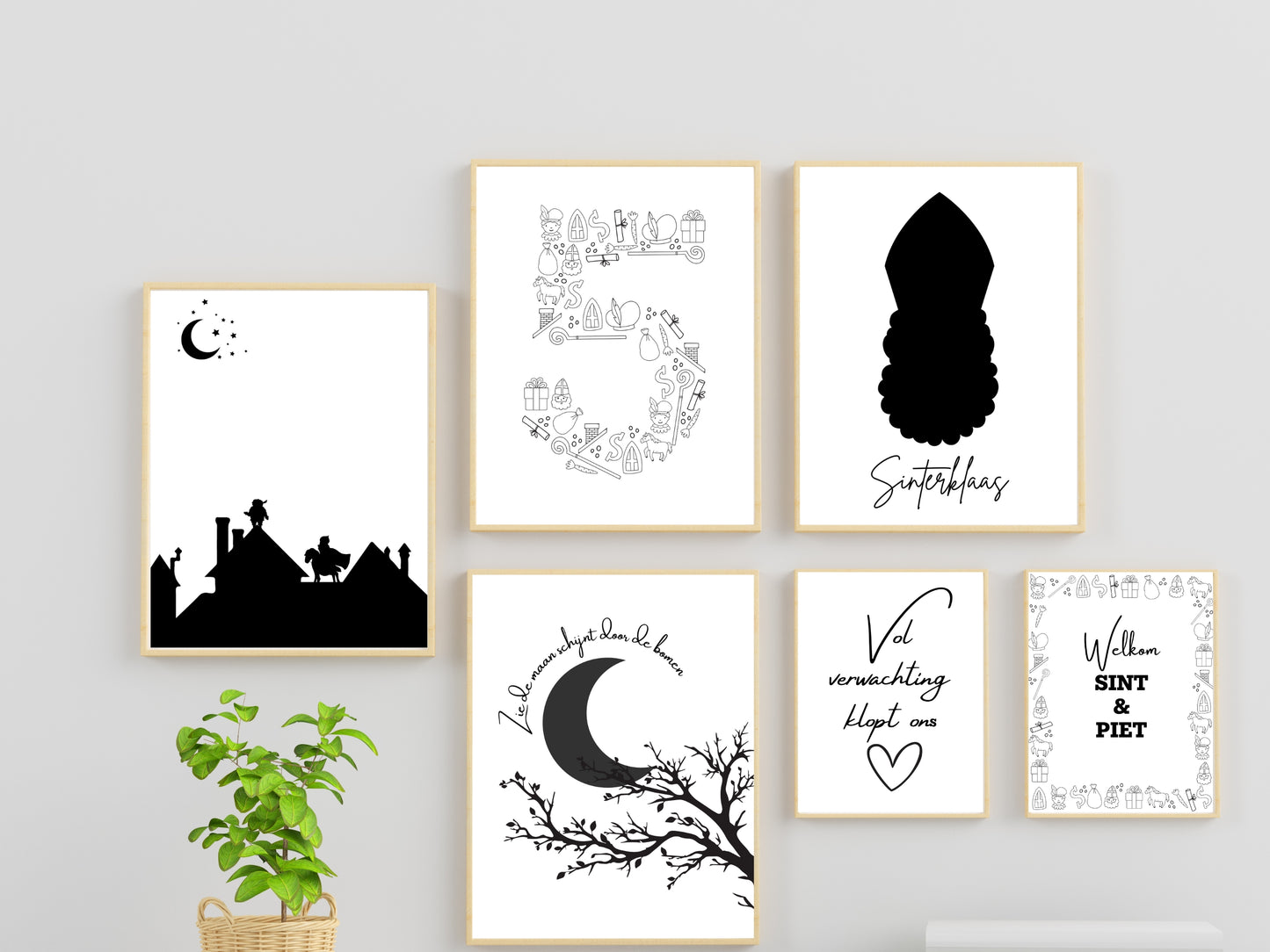 Set van 7 Printbare Sinterklaas Posters | Minimalistische Zwart-Wit Posters voor Ieder Interieur - Monochrome Sinterklaas Decor in Meerdere Formaten