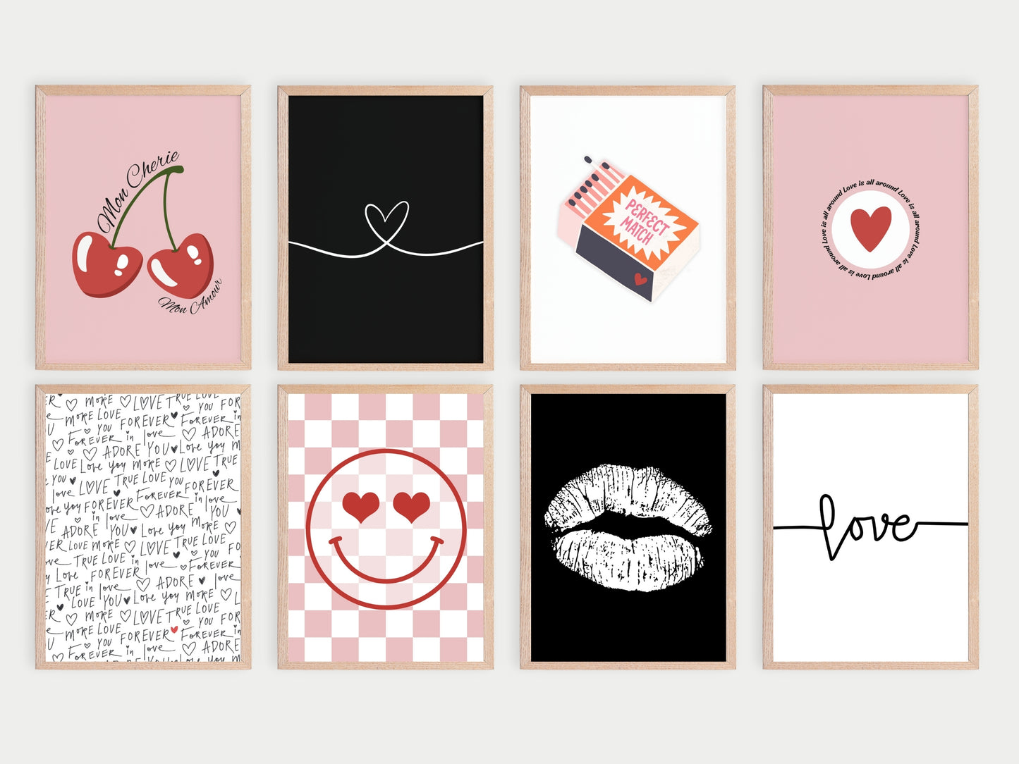 27 Printbare Posters met thema Liefde, In de kleuren zwart, wit, roze en rood.