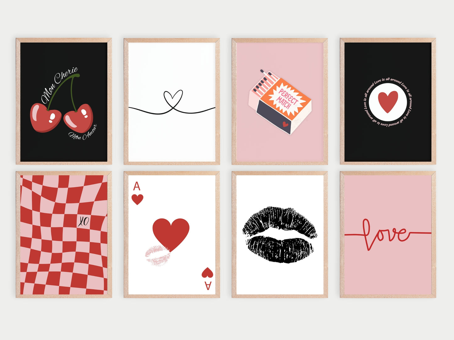 27 Printbare Posters met thema Liefde, In de kleuren zwart, wit, roze en rood.
