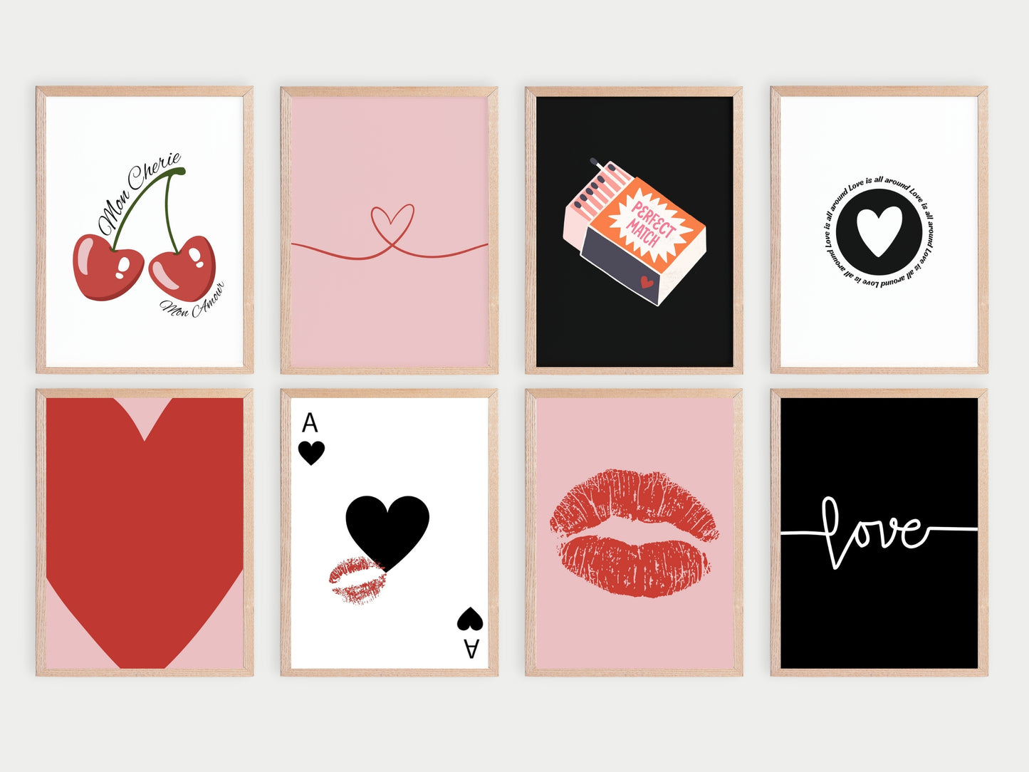 27 Printbare Posters met thema Liefde, In de kleuren zwart, wit, roze en rood.