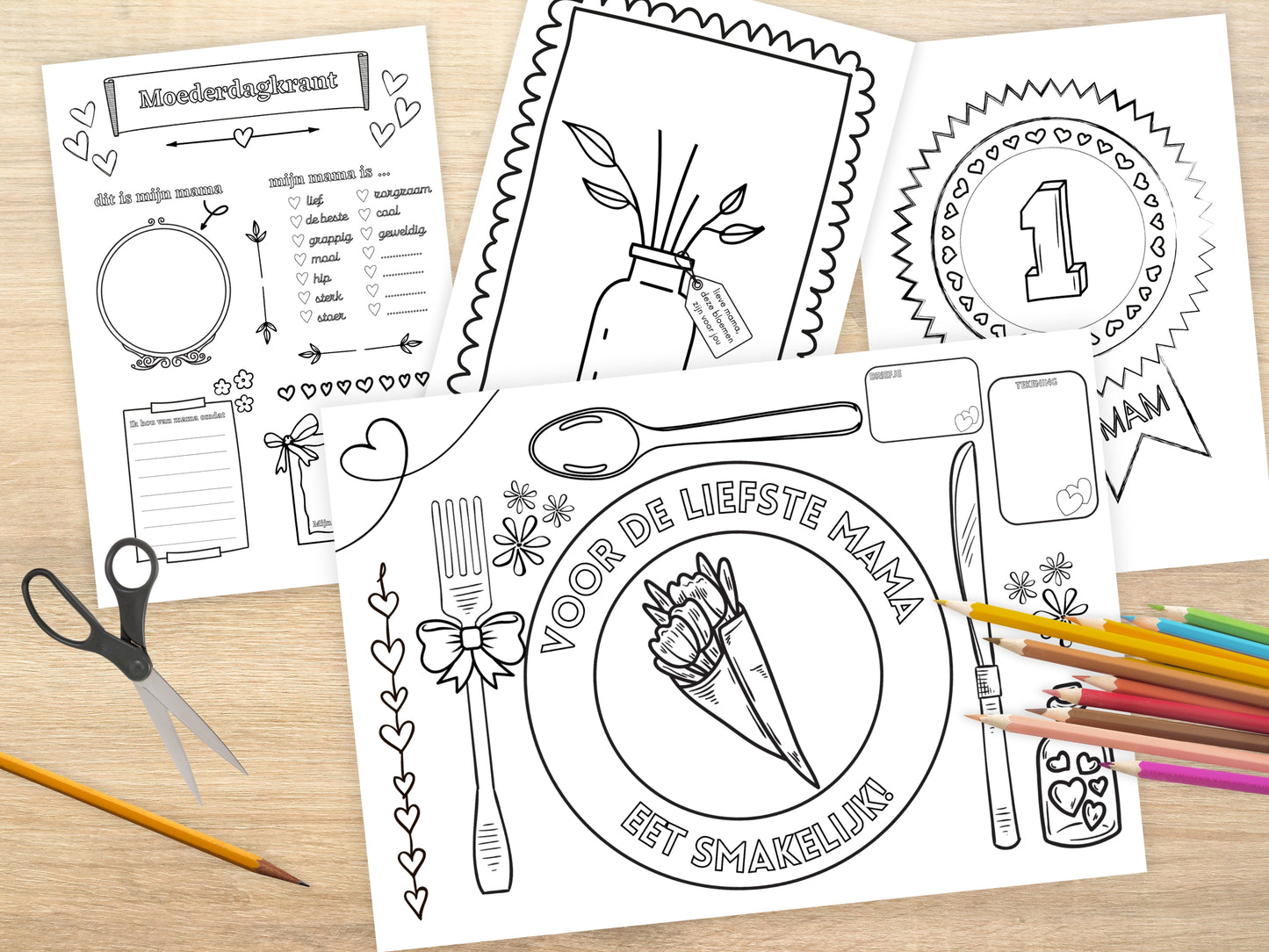 Moederdag Printable Knutselpakket – A4 en A3 formaat, Krant, Medaille, Placemat & teken je eigen bloemen kleurplaat, pdf en png