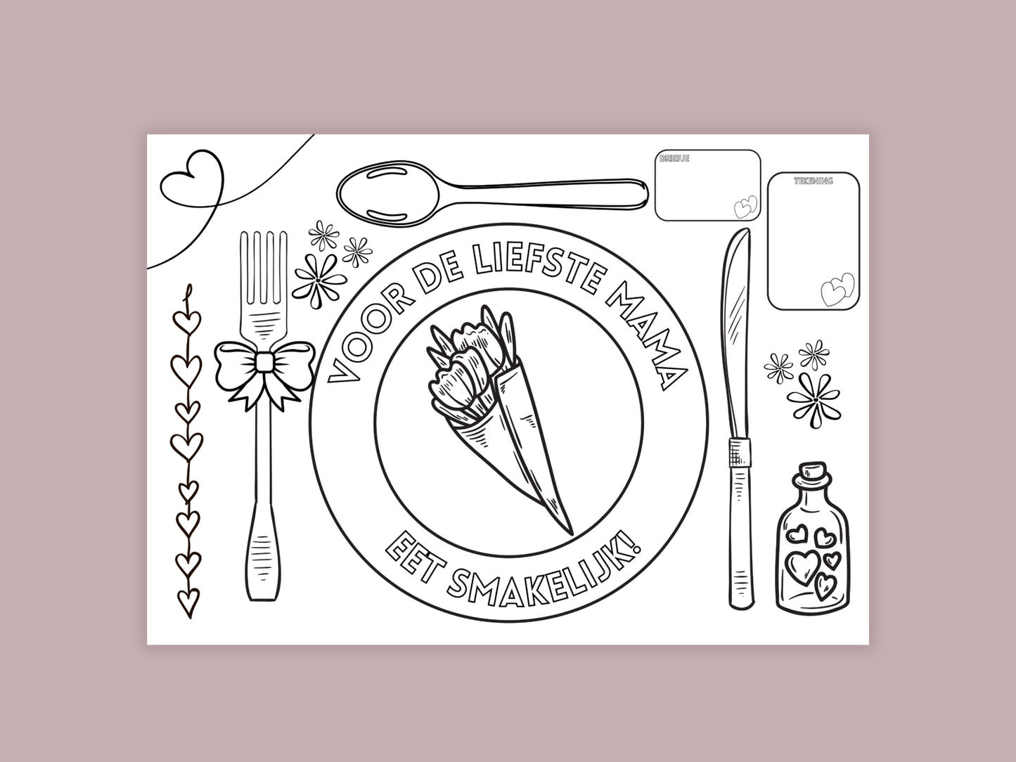 Moederdag Printable Knutselpakket – A4 en A3 formaat, Krant, Medaille, Placemat & teken je eigen bloemen kleurplaat, pdf en png
