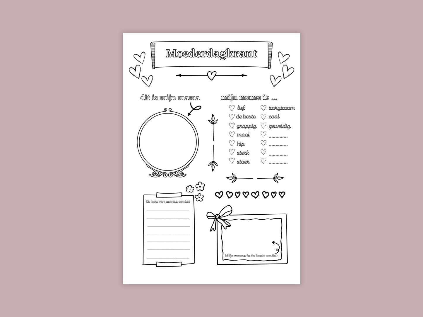 Moederdag Printable Knutselpakket – A4 en A3 formaat, Krant, Medaille, Placemat & teken je eigen bloemen kleurplaat, pdf en png