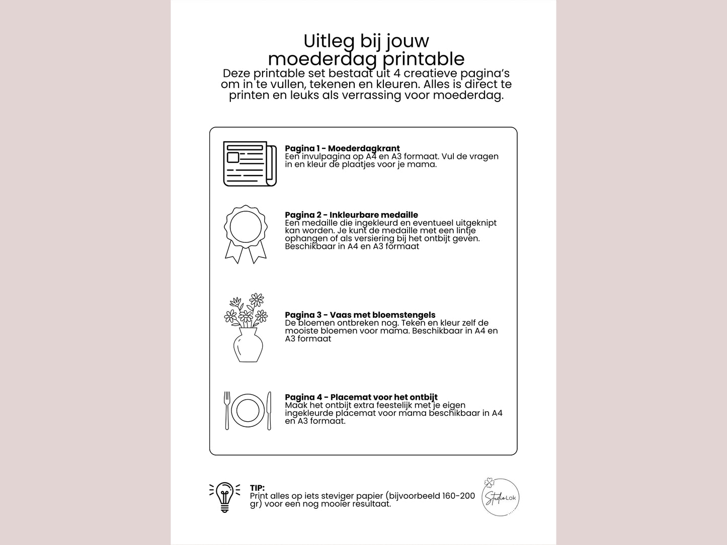 Moederdag Printable Knutselpakket – A4 en A3 formaat, Krant, Medaille, Placemat & teken je eigen bloemen kleurplaat, pdf en png