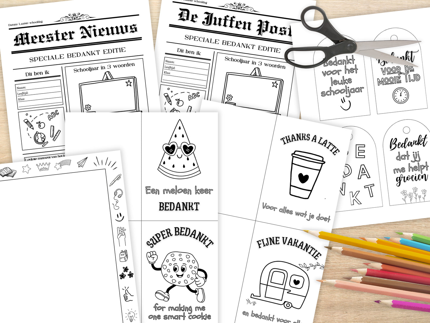 Bedankt juf/meester einde schooljaar printbare set, bedankje leerkracht, invulpagina krant, Kaartjes & Labels, A4, PDF, cool bedankje om te knutselen