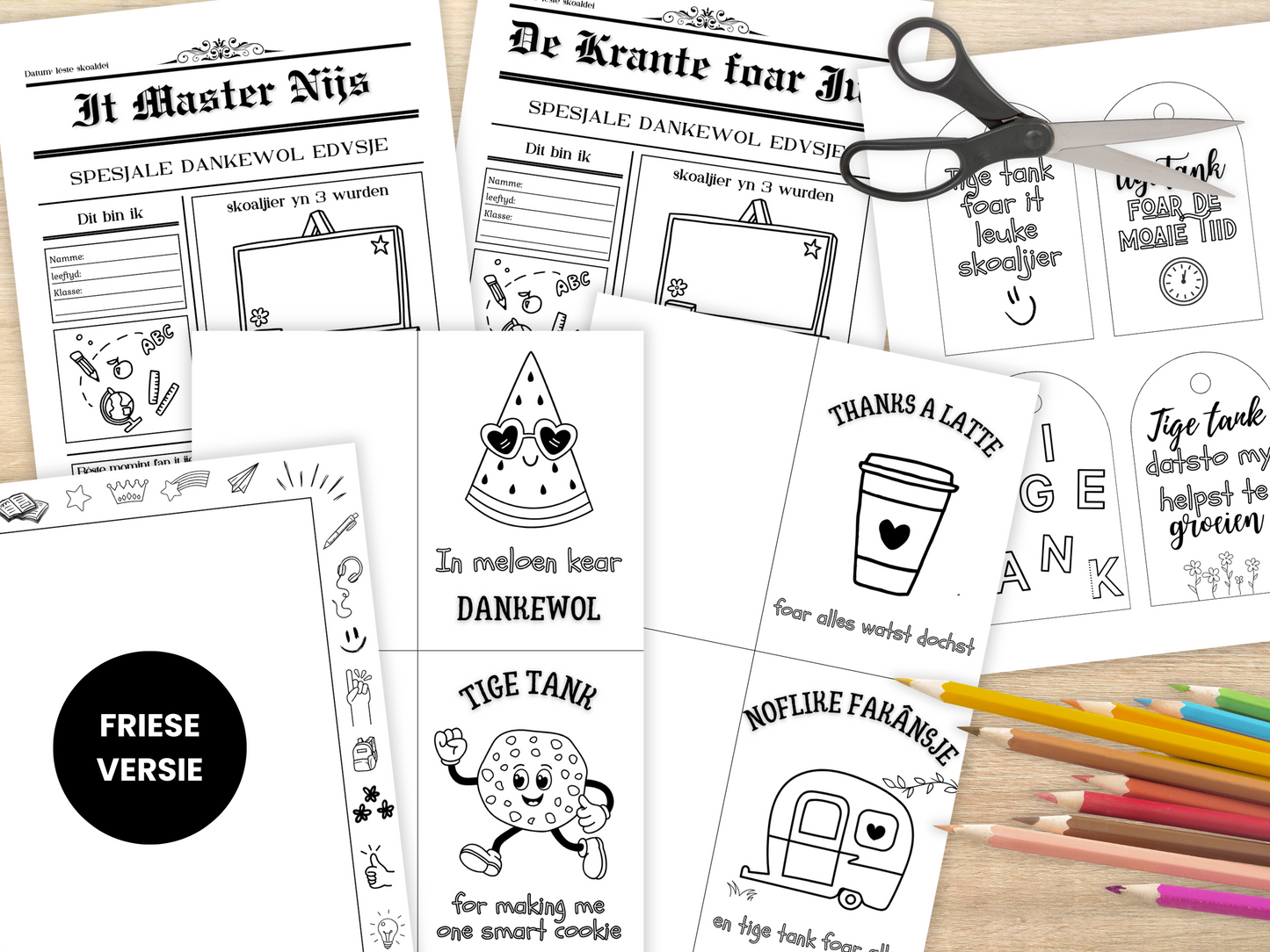 Tige tank juf/meester einde schooljaar printbare set, bedankje leerkracht, invulpagina krant, Kaartjes & Labels, A4, PDF, cool bedankje om te knutselen - Friese Versie