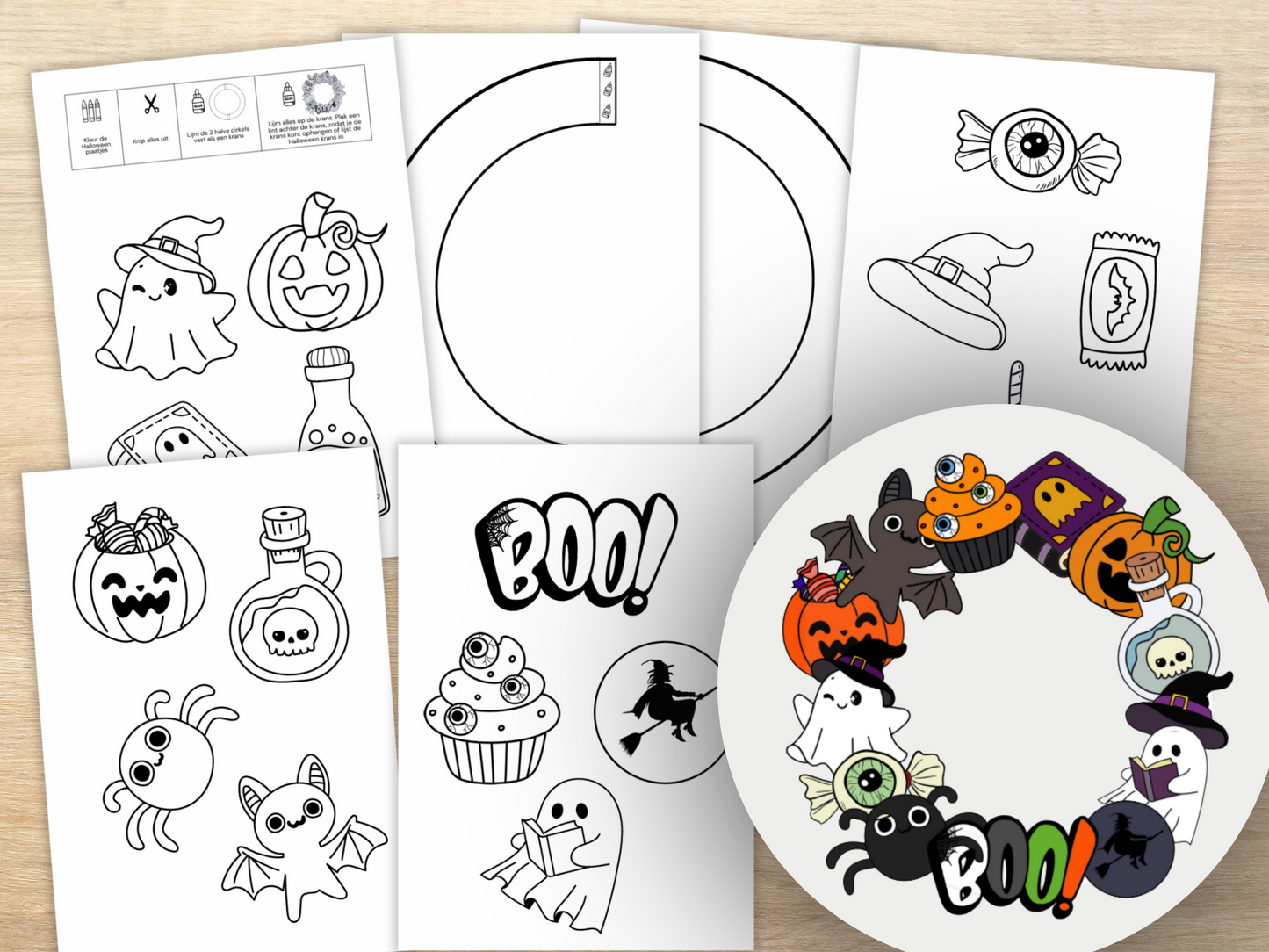 Printable Halloween Krans Knutselset, DIY Halloween set om in te kleuren, knippen & ophangen, Halloween decoratie voor kinderen & gezin