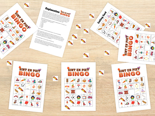 Printbare Sinterklaas Bingo - 25 Unieke Bingo Kaarten met Sint en Piet Afbeeldingen, Fiches & Voorleeskaart