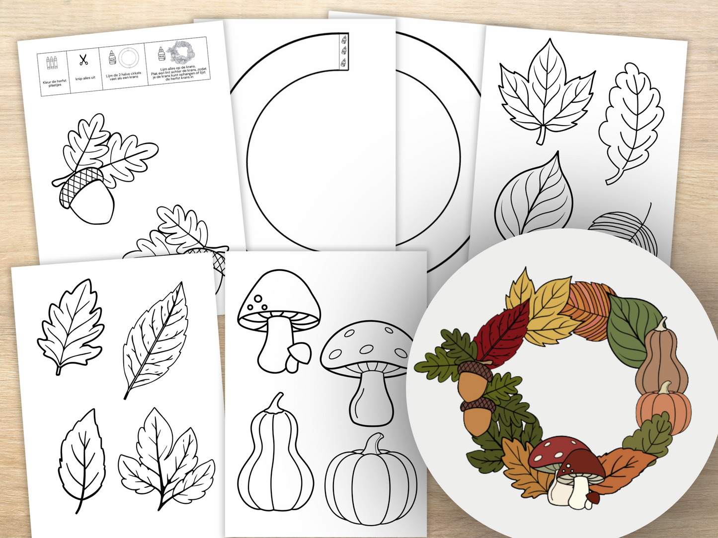 Printable Herfst Krans Knutselset, DIY Herfst set om in te kleuren, knippen & ophangen, Herfst decoratie voor kinderen & gezin (kopie)