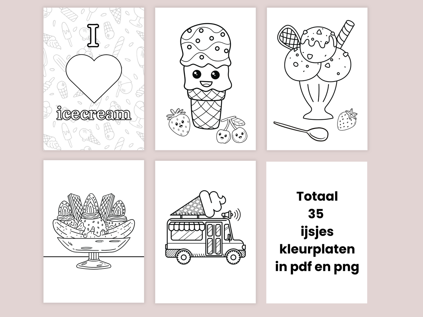 Vrolijke ijsjes kleurplaten 35x printbare zomerse tekeningen | A4-formaat | PDF + PNG download