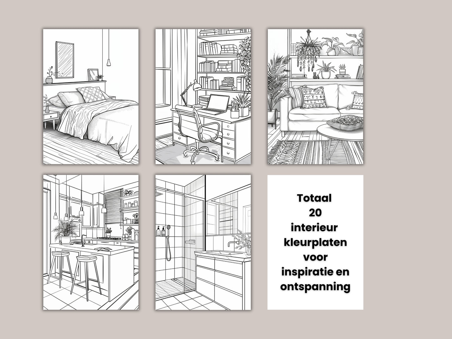 Set van 20 Printbare Interieur Kleurplaten | Woonkamer, Slaapkamer, Keuken & Meer - Ontspanning en Inspiratie voor Thuis in A4 Formaat
