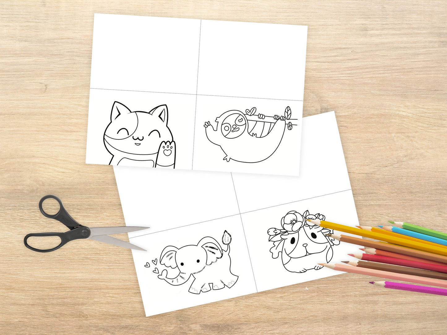 Schattige Dieren Inkleur-Ansichtkaarten Set | Printbare DIY Kaarten met Cavia, Kat, Olifant & Luiaard - Creatieve Kinderactiviteit