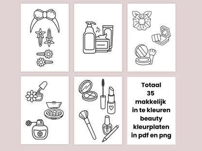 Makkelijk in te kleuren beauty kleurplaten, 35x make-up, fashion & haar easy to color | Printbare A4 kleurplaten (PDF + PNG)
