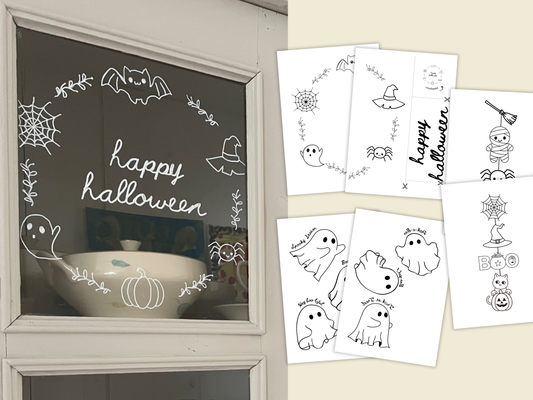 Halloween Raamtekening Sjablonen 3 stuks, gewoon en gespiegeld. PDF, SVG, PNG, A4, A3