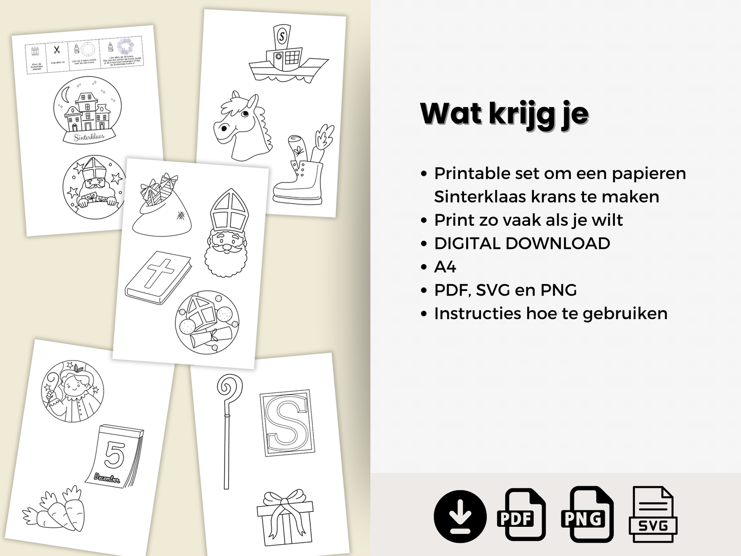 Printable Sinterklaas Krans Knutselset, DIY Sint & Piet set om in te kleuren, knippen & ophangen, Sinterklaas decoratie voor kinderen & gezin