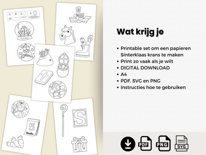 Printable Sinterklaas Krans Knutselset, DIY Sint & Piet set om in te kleuren, knippen & ophangen, Sinterklaas decoratie voor kinderen & gezin