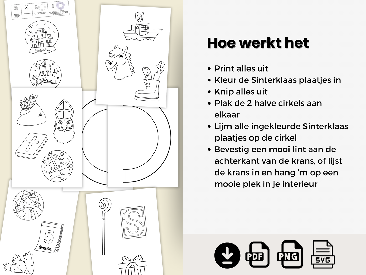 Printable Sinterklaas Krans Knutselset, DIY Sint & Piet set om in te kleuren, knippen & ophangen, Sinterklaas decoratie voor kinderen & gezin