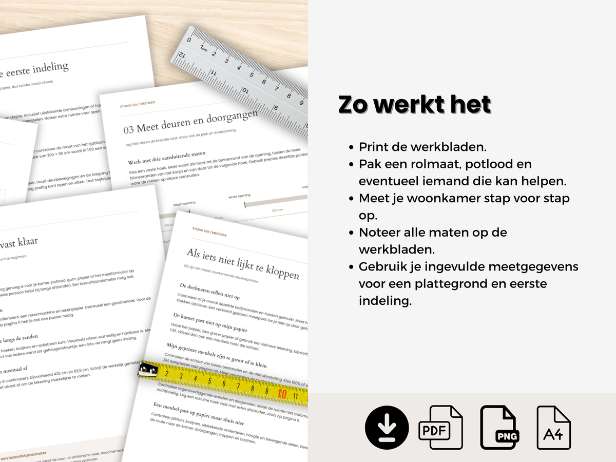 Meetgids woonkamer – ruimte opmeten voor een plattegrond | Printbare PDF