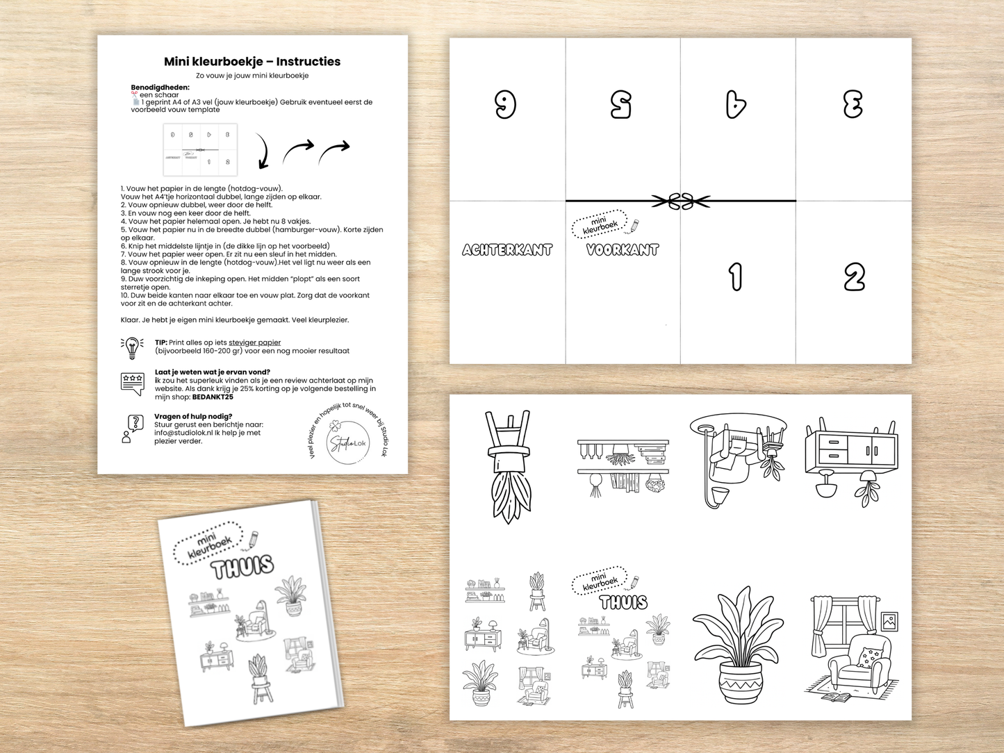 instructies, vouwtemplate en a4 met mini kleurplaten met het thema cozy interieur