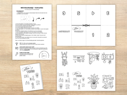 instructies, vouwtemplate en a4 met mini kleurplaten met het thema cozy interieur