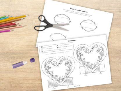 3D Liefdeshart Knutsel Printable | Printbaar DIY Hart kleur, knip en plak.
