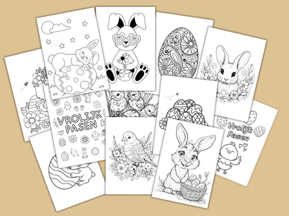 50 Printbare Kleurplaten met Pasen Thema | Voor Kinderen en Volwassenen - Paaseieren, Paashaas, Bloemen en Meer in A4 PDF