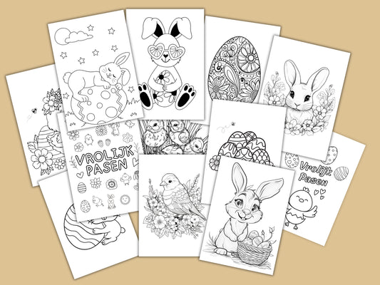 50 Printbare Kleurplaten met Pasen Thema | Voor Kinderen en Volwassenen - Paaseieren, Paashaas, Bloemen en Meer in A4 PDF