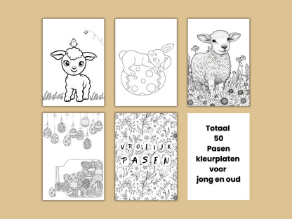 50 Printbare Kleurplaten met Pasen Thema | Voor Kinderen en Volwassenen - Paaseieren, Paashaas, Bloemen en Meer in A4 PDF
